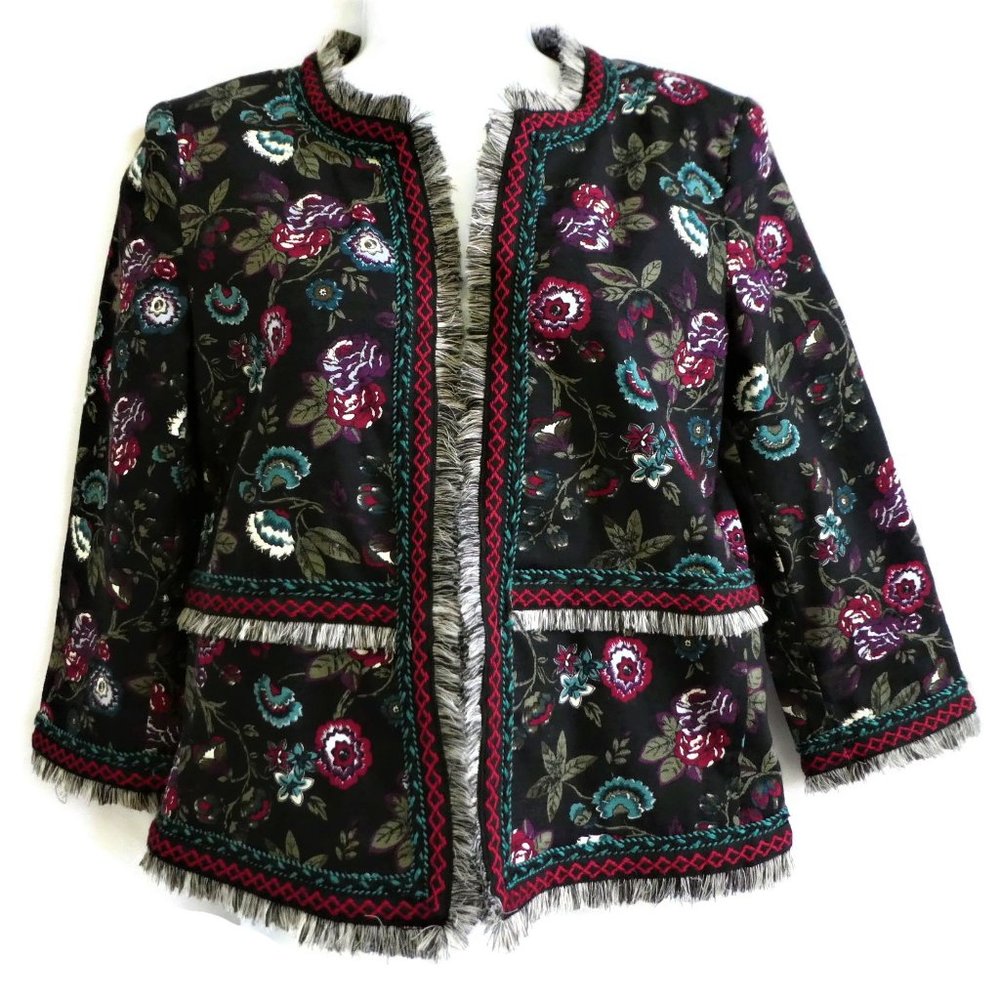 Loft Blazer Canvas Fringe Black Floral Open Front Embroider India Cotton Spandex